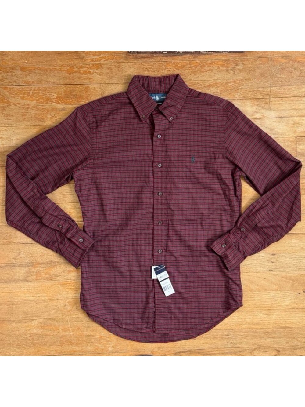Ralph Lauren Shirt Mens Size Small NWT Burgundy Plaid 100% Cotton Long Sleeve